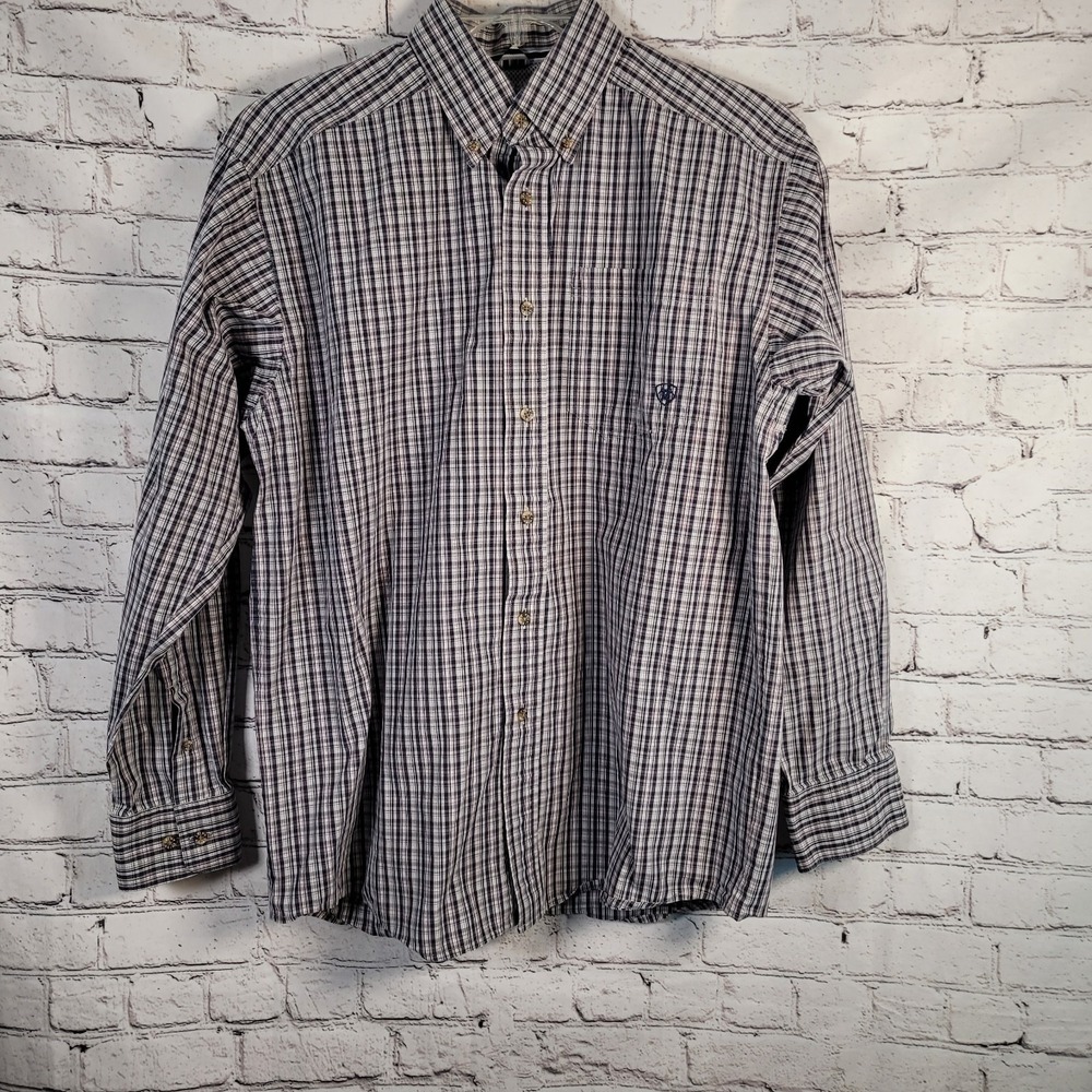 Ariat Pro Series Shirt Mens Medium Blue Plaid Excellent Western Button Down Long - Picture 3 of 7